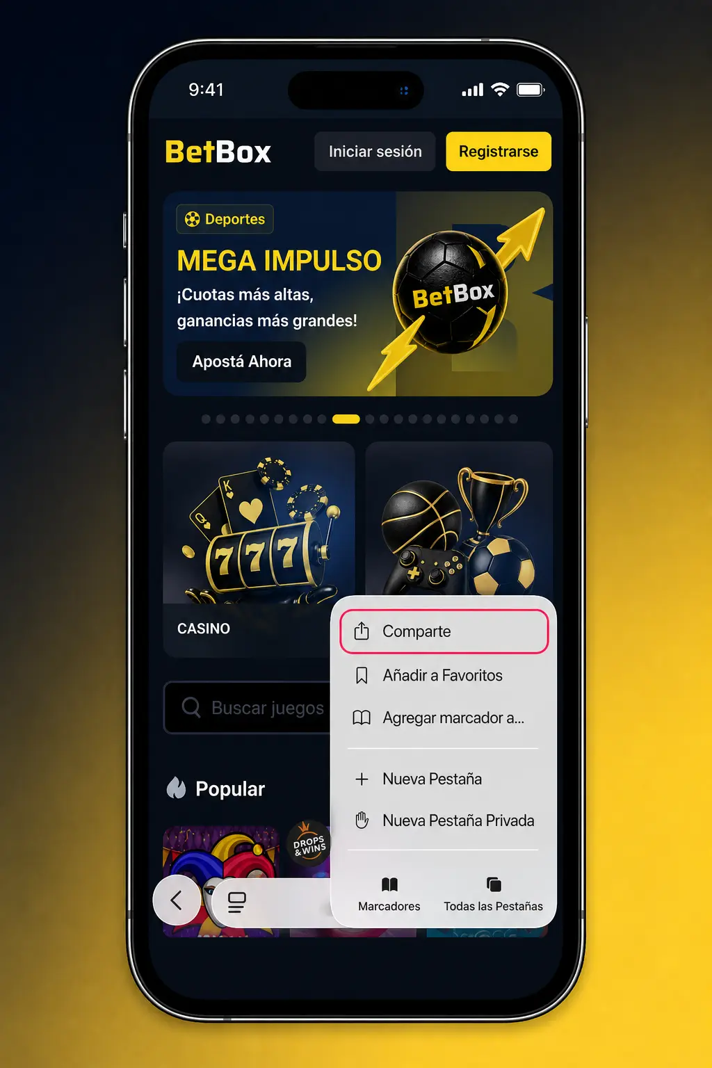 Pasos para instalar la app web de Betbox en iPhone o iPad usando Safari y agregar a pantalla de inicio