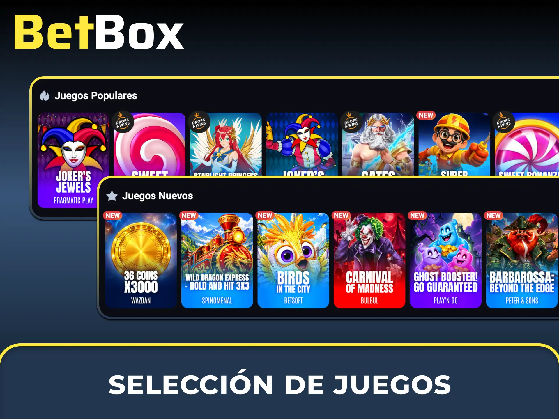 Explorá de un vistazo los mejores títulos, tragamonedas y juegos en vivo que tenemos para vos en BetBox Casino.